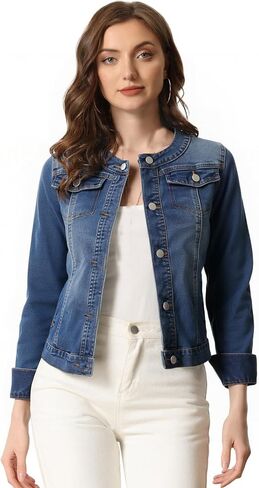 Unifizz Women's Jean Jacket Collarless Round Neck 2025 Button Down Long Sleeve Stretchy Denim Jackets in Saudi Arabia