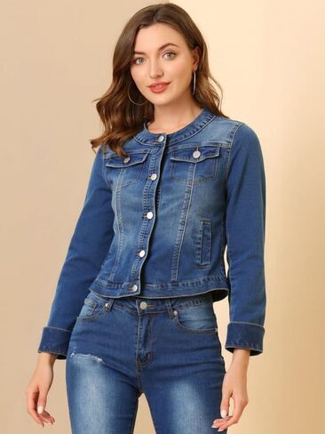 Unifizz Women's Jean Jacket Collarless Round Neck 2025 Button Down Long Sleeve Stretchy Denim Jackets in Saudi Arabia