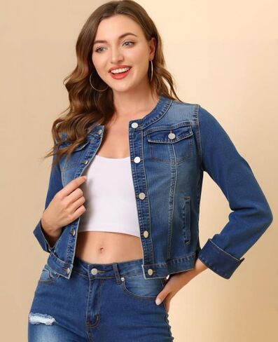 Unifizz Women's Jean Jacket Collarless Round Neck 2025 Button Down Long Sleeve Stretchy Denim Jackets in Saudi Arabia