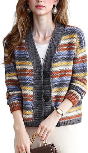 LAI MENG FIVE CATS Women's Striped Cable Knit Sweater Cardigan Long Sleeve Open Front Button Fall Outerwear in Kuwait