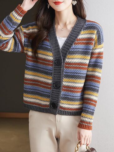 LAI MENG FIVE CATS Women's Striped Cable Knit Sweater Cardigan Long Sleeve Open Front Button Fall Outerwear in Kuwait