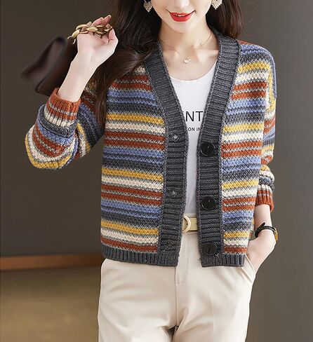 LAI MENG FIVE CATS Women's Striped Cable Knit Sweater Cardigan Long Sleeve Open Front Button Fall Outerwear in Kuwait