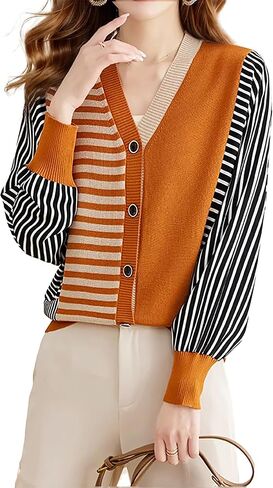 LAI MENG FIVE CATS Women's Striped Cable Knit Sweater Cardigan Long Sleeve Open Front Button Fall Outerwear in Kuwait