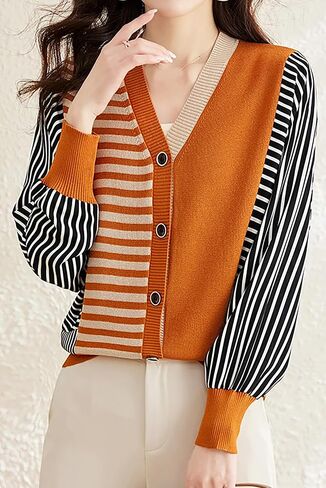 LAI MENG FIVE CATS Women's Striped Cable Knit Sweater Cardigan Long Sleeve Open Front Button Fall Outerwear in Kuwait