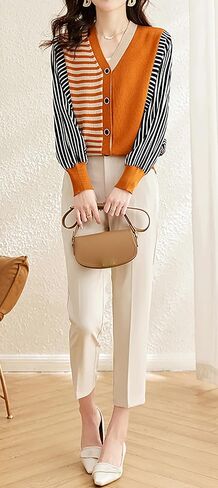 LAI MENG FIVE CATS Women's Striped Cable Knit Sweater Cardigan Long Sleeve Open Front Button Fall Outerwear in Kuwait