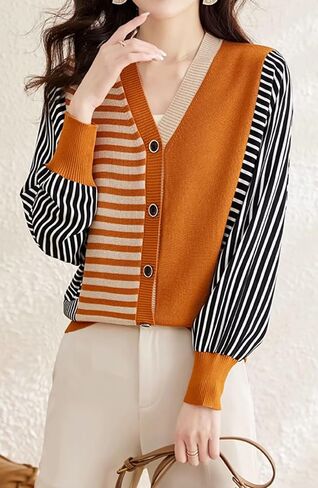 LAI MENG FIVE CATS Women's Striped Cable Knit Sweater Cardigan Long Sleeve Open Front Button Fall Outerwear in Kuwait