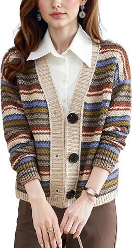 LAI MENG FIVE CATS Women's Striped Cable Knit Sweater Cardigan Long Sleeve Open Front Button Fall Outerwear in Kuwait