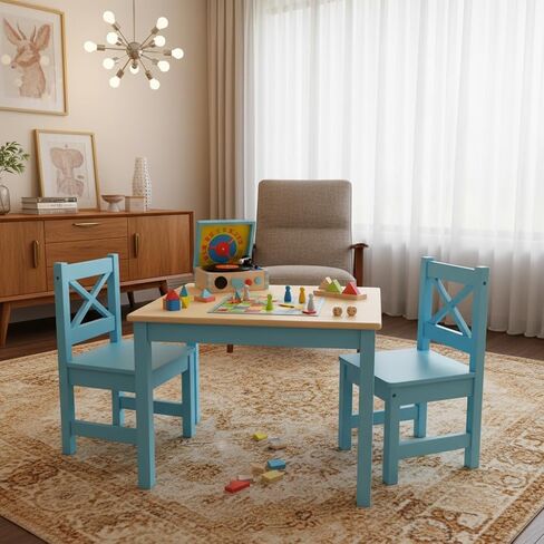 PETIT BATEAU Solid Wood Kids Table & 2 Chairs Set,Ages 2-8,Whitecolor | AMMEHOELA Irish Design Modern Montessori Wooden Furniture for Toddler in Saudi Arabia