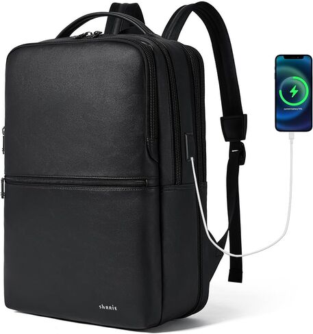 Vegan Leather Laptop Backpack for Women&Men,16 Inch Expandable Backpack with USB Charging Port,Two-toned Black in Saudi Arabia
