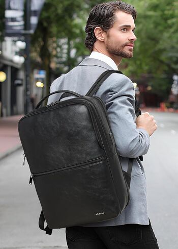 Vegan Leather Laptop Backpack for Women&Men,16 Inch Expandable Backpack with USB Charging Port,Two-toned Black in Saudi Arabia