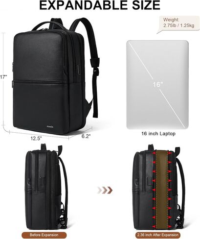 Vegan Leather Laptop Backpack for Women&Men,16 Inch Expandable Backpack with USB Charging Port,Two-toned Black in Saudi Arabia