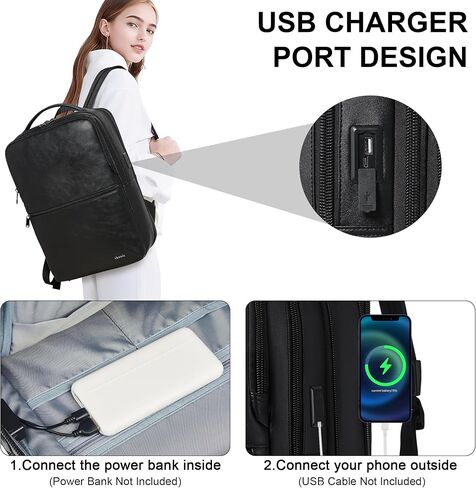 Vegan Leather Laptop Backpack for Women&Men,16 Inch Expandable Backpack with USB Charging Port,Two-toned Black in Saudi Arabia