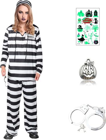 6 Pcs Men Adult Jail Prison Outfit Prisoner Costume Pant Suit Halloween Black White Striped Convict Inmate Uniform in Saudi Arabia