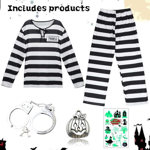 6 Pcs Men Adult Jail Prison Outfit Prisoner Costume Pant Suit Halloween Black White Striped Convict Inmate Uniform in Saudi Arabia