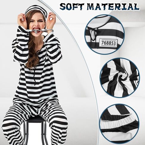 6 Pcs Men Adult Jail Prison Outfit Prisoner Costume Pant Suit Halloween Black White Striped Convict Inmate Uniform in Saudi Arabia