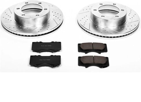 طقم فرامل أمامية PowerStop لـ 2001 2002 2003 2004 2005 2006 2007 Toyota Sequoia، 2000 2001 2002 2003 2004 2005 2006 Tundra - دوارات قرصية محفورة ومشقوقة مع استبدال وسادات الفرامل السيراميكية، K2324 in Saudi Arabia
