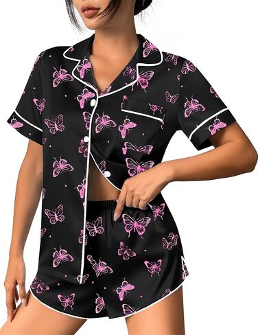 Ekouaer Womens Silk Satin Pajama Set Print Short Sleeve Sleepwear Button Down Pjs Shorts Set Loungewear in Saudi Arabia