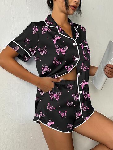 Ekouaer Womens Silk Satin Pajama Set Print Short Sleeve Sleepwear Button Down Pjs Shorts Set Loungewear in Saudi Arabia
