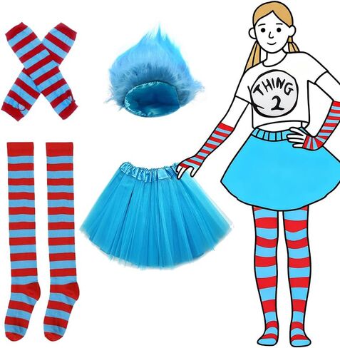 5 مجموعة أزياء للنساء Thing1/ Thing 2 شعر مستعار أزرق منفوش أحمر أزرق تول توتو تنورة جوارب مخططة قفازات قابلة للتمدد in Kuwait