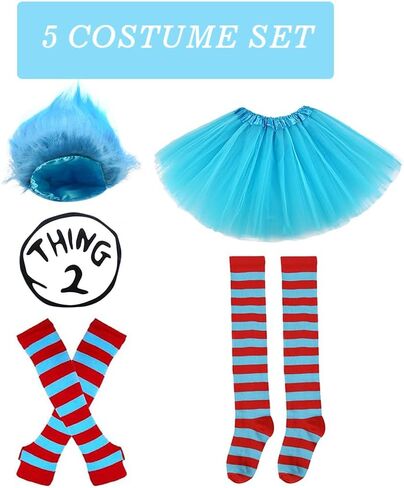 5 مجموعة أزياء للنساء Thing1/ Thing 2 شعر مستعار أزرق منفوش أحمر أزرق تول توتو تنورة جوارب مخططة قفازات قابلة للتمدد in Kuwait