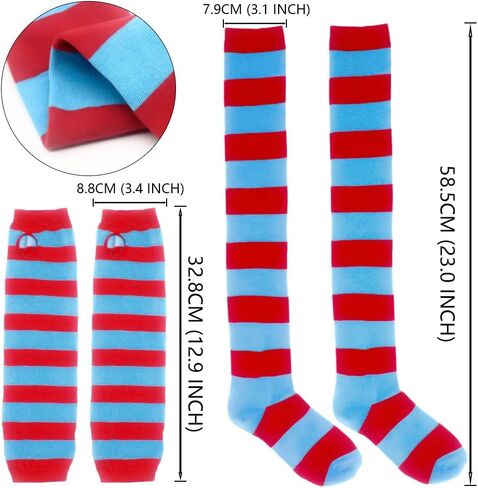 5 مجموعة أزياء للنساء Thing1/ Thing 2 شعر مستعار أزرق منفوش أحمر أزرق تول توتو تنورة جوارب مخططة قفازات قابلة للتمدد in Kuwait