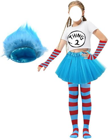 5 مجموعة أزياء للنساء Thing1/ Thing 2 شعر مستعار أزرق منفوش أحمر أزرق تول توتو تنورة جوارب مخططة قفازات قابلة للتمدد in Kuwait