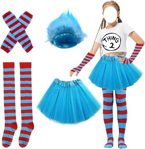 5 مجموعة أزياء للنساء Thing1/ Thing 2 شعر مستعار أزرق منفوش أحمر أزرق تول توتو تنورة جوارب مخططة قفازات قابلة للتمدد in Kuwait