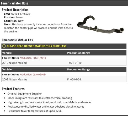 Lower Radiator Hose - Compatible with 2009-2010 Nissan Maxima (From 05/01/2008 to 01/31/2010) in Saudi Arabia