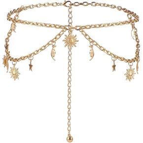 Gold Waist Chain for Women Multilayer Chain Belt Sun Moon Star Layered Belly Body Chain Metal Waist Chain for Dress Jewelry in Kuwait