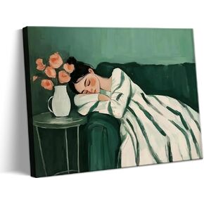 Green Woman Sleeping Canvas Wall Art Vintage Abstract Cozy Woman Wall Decor Picture Trendy Eclectic Emerald Green Room Decor Aesthetic Poster Print for Home Bedroom Decoration 16x24in in Saudi Arabia