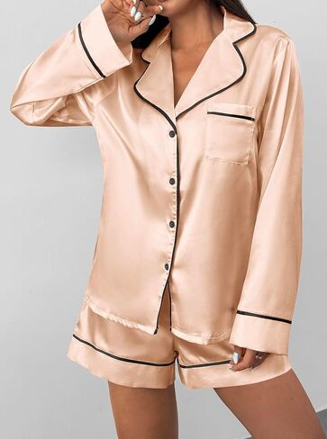 Remidoo Women Silk Pajamas Button Down Pajama Set Long Sleeve and Short Sets 2 Piece Loungwear in Saudi Arabia