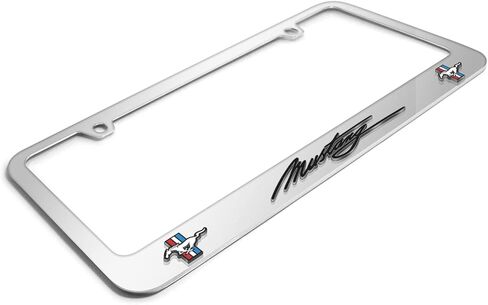 صورة iPick لشعار Ford Mustang Script Dual ثلاثي الأبعاد على إطار لوحة ترخيص معدنية من الكروم المرآة in Saudi Arabia