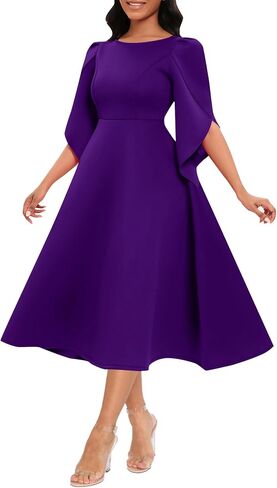 Women's Vintage Retro Tea Dress Round Neck High Waist Petal Sleeve A Line Cocktail Midi Dress in Saudi Arabia