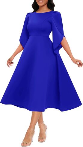 Women's Vintage Retro Tea Dress Round Neck High Waist Petal Sleeve A Line Cocktail Midi Dress in Kuwait