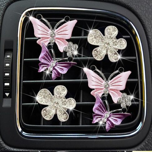 4 Pcs Bling Butterfly and Silver Daisy Car Air Fresheners Vent Clips Diffuser Vent Clip Rhinestone Diamond Decoration Car Interior Decor Cute Accessories for Women, Automotive Air Fresheners (Pink, 2) in Saudi Arabia
