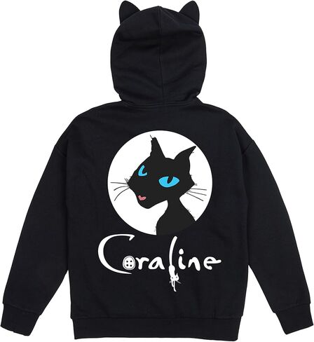 Bioworld Coraline Black Cat in White Circular Frame Graphic, Title Logo on Black Cat Hoodie Adult in Saudi Arabia