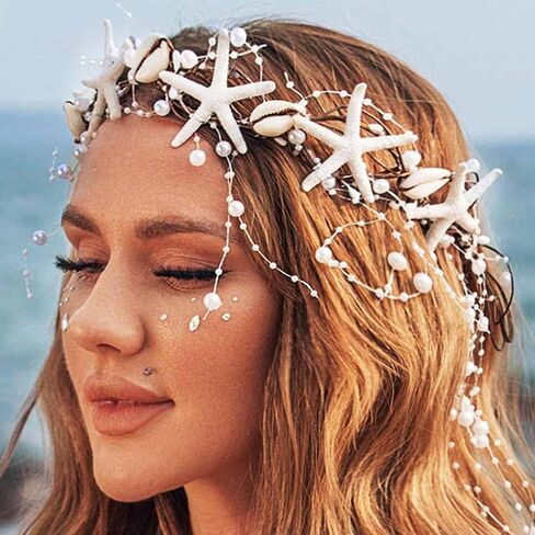 Unicra Starfish Headband Pearl Bride Wedding Hair Vine Shell Bridal Headpiece Beach Hair Accessories for Women and Girls (White Brown, Free Size) in Kuwait