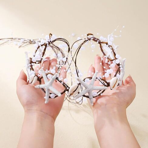 Unicra Starfish Headband Pearl Bride Wedding Hair Vine Shell Bridal Headpiece Beach Hair Accessories for Women and Girls (White Brown, Free Size) in Kuwait