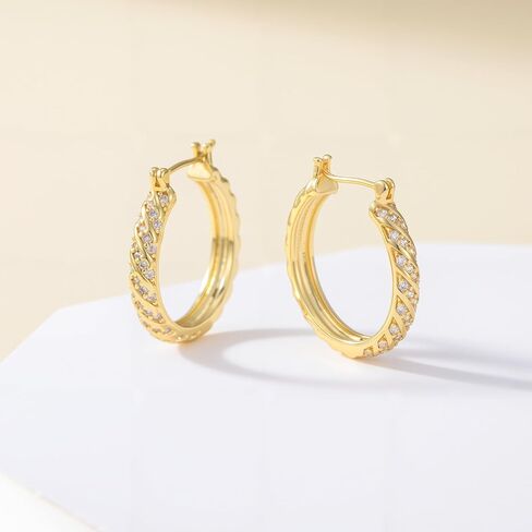 14K أقراط طارة ذهب للنساء 14K أقراط الذهب والمجوهرات دوامة مكعب زركونيا الأطواق السميكة هيبوالرجينيك المرأة Huggie القرط 25/30 مللي متر in Kuwait