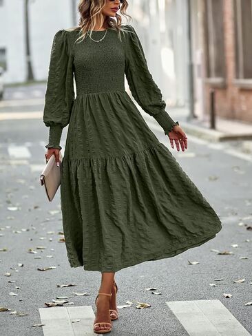 PRETTYGARDEN Women 2024 Puff Long Sleeve Crewneck Smocked Maxi Dress Solid Empire Waist Tiered A-line Swing Flowy Long Dress in Saudi Arabia