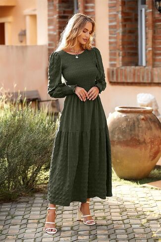 PRETTYGARDEN Women 2024 Puff Long Sleeve Crewneck Smocked Maxi Dress Solid Empire Waist Tiered A-line Swing Flowy Long Dress in Saudi Arabia