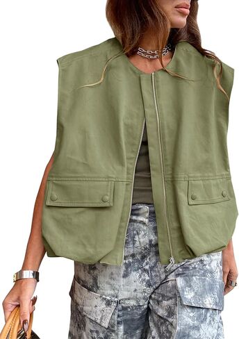 Womens Casual Zip Up Cargo Vest Top Oversized Lightweight Ruched Hem Sleeveless Blazer Jackets Vest Tops in Kuwait