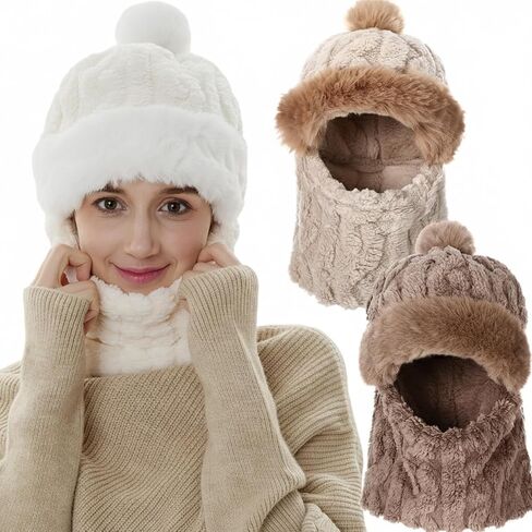 3 Pcs Knitted Mask Scarf Hat for Women Winter Warm Plush Snow Caps Elastic Ski Mask Face Cover Beanie Hat for Adult in Saudi Arabia