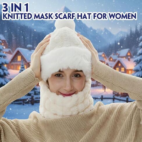 3 Pcs Knitted Mask Scarf Hat for Women Winter Warm Plush Snow Caps Elastic Ski Mask Face Cover Beanie Hat for Adult in Saudi Arabia