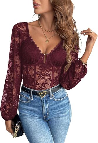 SweatyRocks Women's Long Sleeve Lace Bodysuit Fishnet Sheer Mesh Leotards Tops in Kuwait