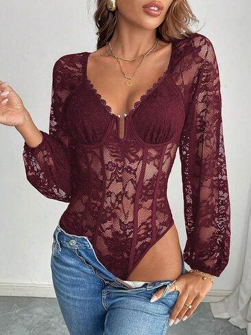 SweatyRocks Women's Long Sleeve Lace Bodysuit Fishnet Sheer Mesh Leotards Tops in Kuwait