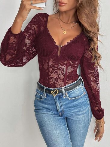 SweatyRocks Women's Long Sleeve Lace Bodysuit Fishnet Sheer Mesh Leotards Tops in Kuwait