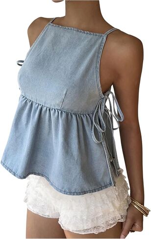 SHENHE Women's Tie Side Denim Tank Top Y2k Sleeveless Ruffle Peplum Jean Cami Babydoll Top in Saudi Arabia