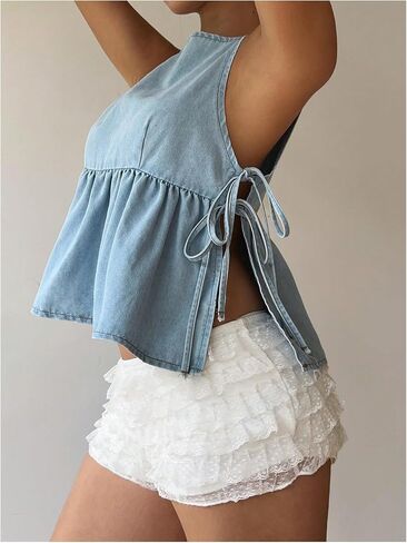 SHENHE Women's Tie Side Denim Tank Top Y2k Sleeveless Ruffle Peplum Jean Cami Babydoll Top in Saudi Arabia