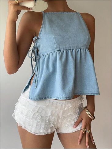 SHENHE Women's Tie Side Denim Tank Top Y2k Sleeveless Ruffle Peplum Jean Cami Babydoll Top in Saudi Arabia